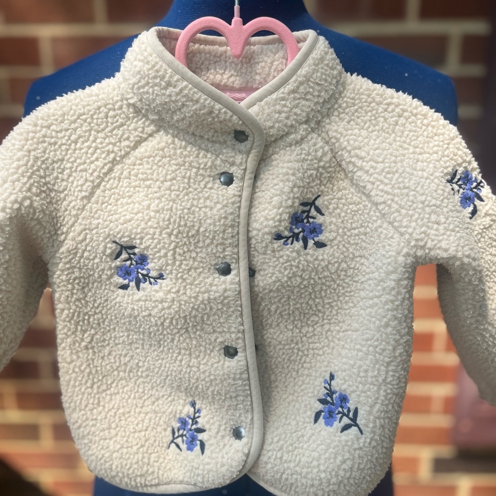 Old Navy Cream Sherpa Jacket with Blue Floral Embroidery
